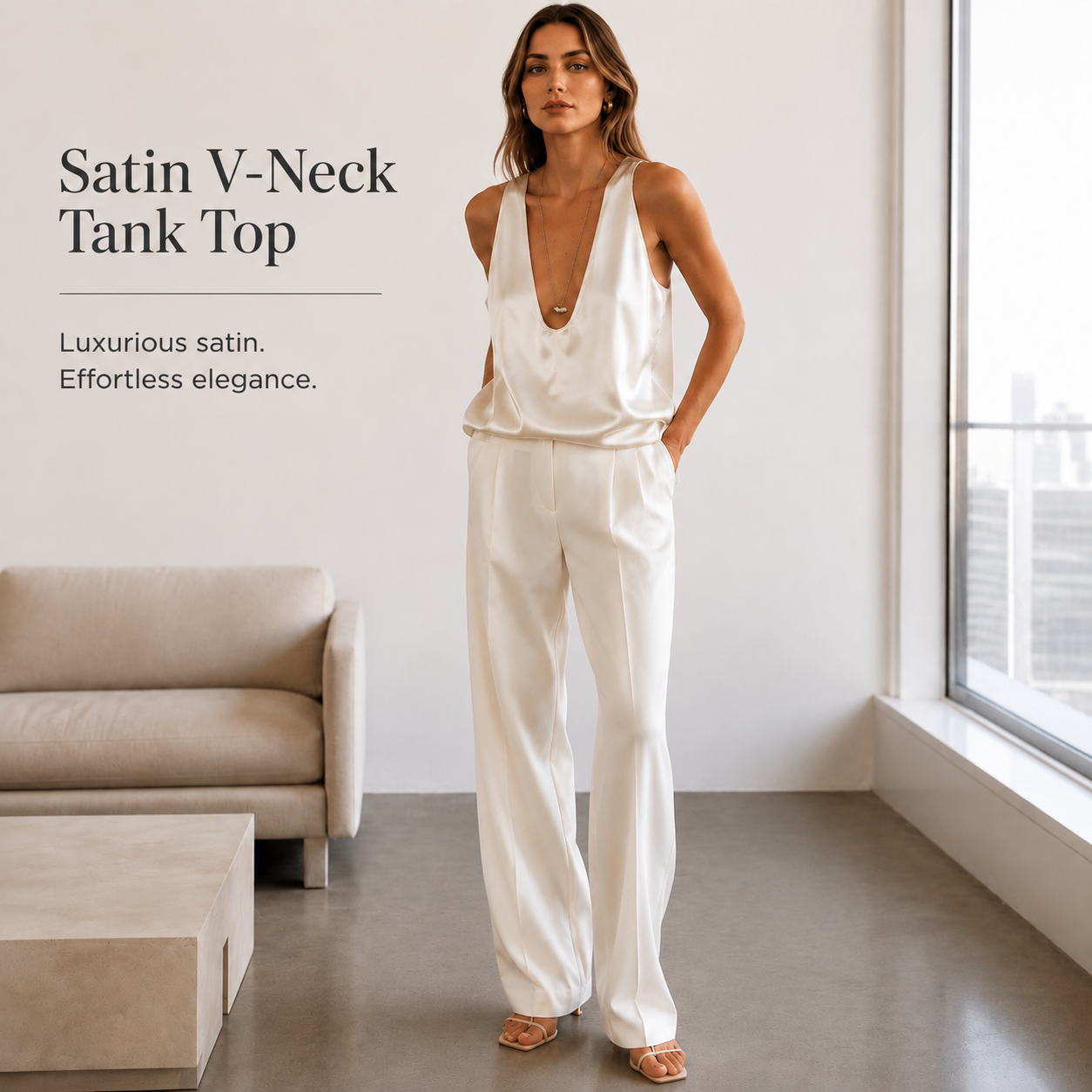 Women's Satin V-Neck Tank Top – Sleeveless Relaxed Fit