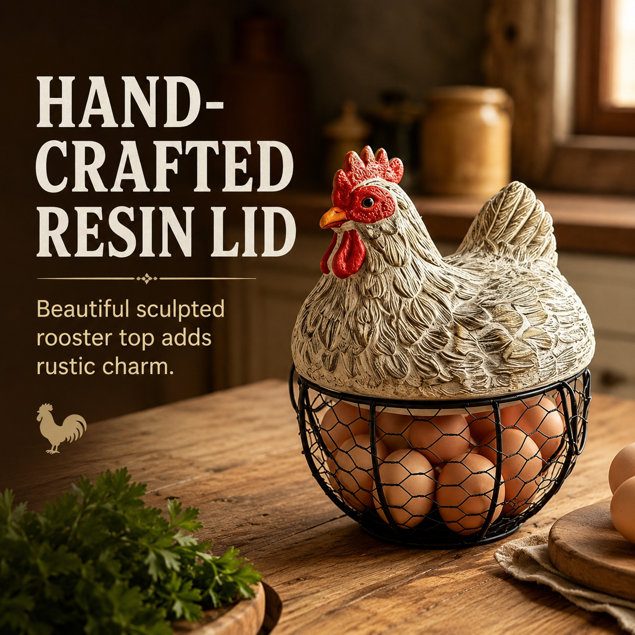 Vintage Rooster Wire Egg Storage Basket