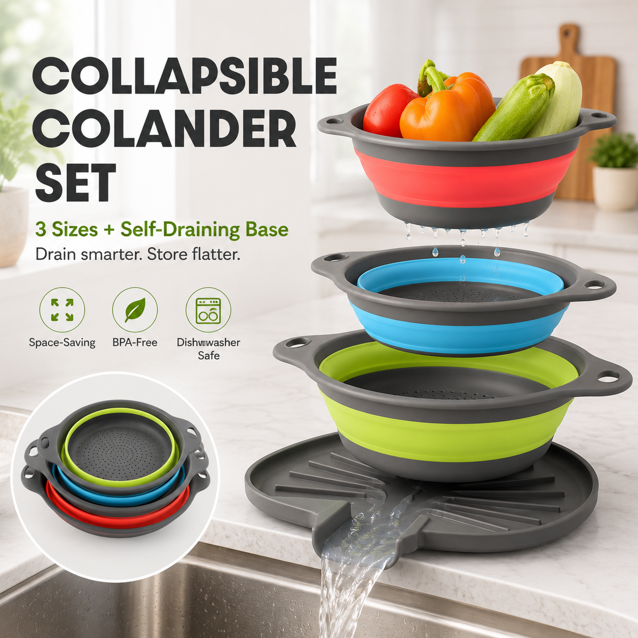 3-Piece Collapsible Colander Set with Self-Draining Base