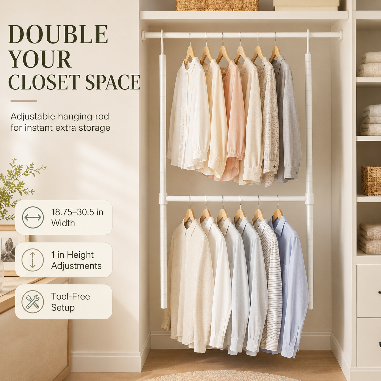 Double Closet Hanging Capacity with Expandable Heavy-Duty Steel Rod
