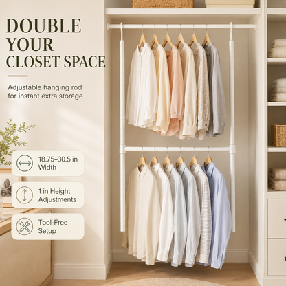 Double Closet Hanging Capacity with Expandable Heavy-Duty Steel Rod