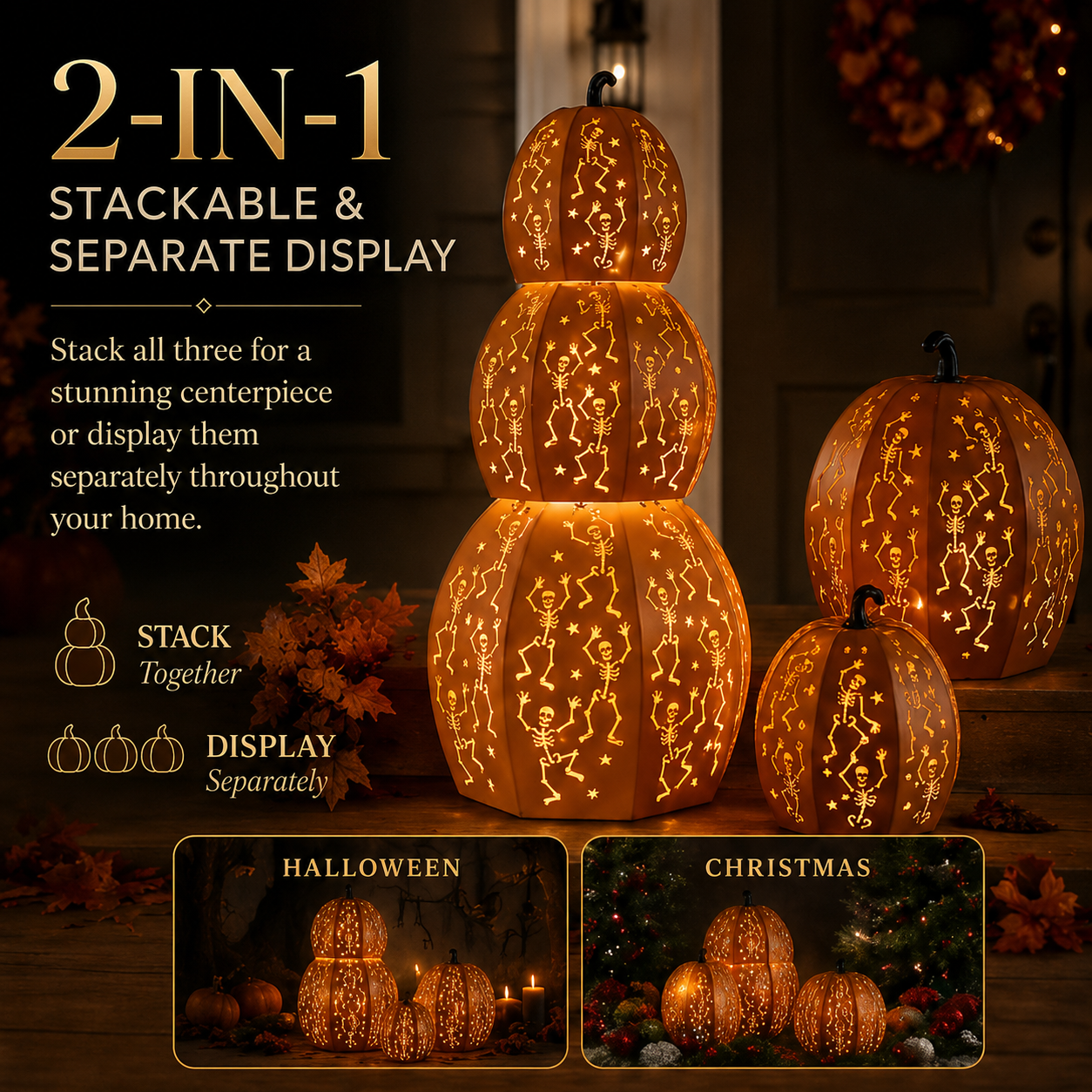 ✨ Stackable LED Pumpkin Lanterns with Skull & Skeleton Shadows