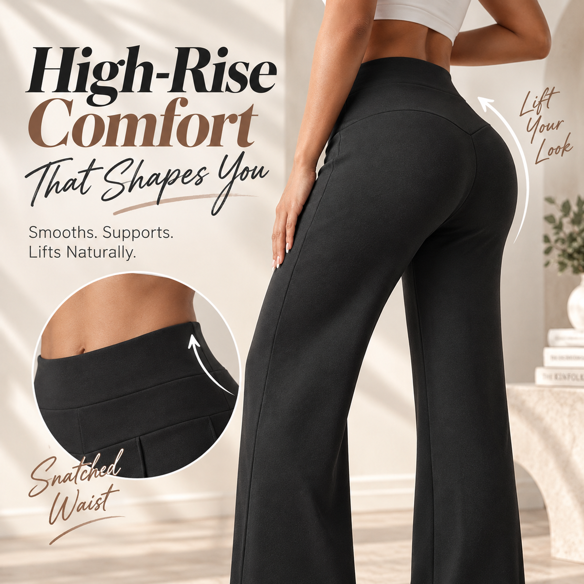 Women’s High-Rise Wide-Leg Comfort Pants with Pockets, Stretch Fit & Front Seams