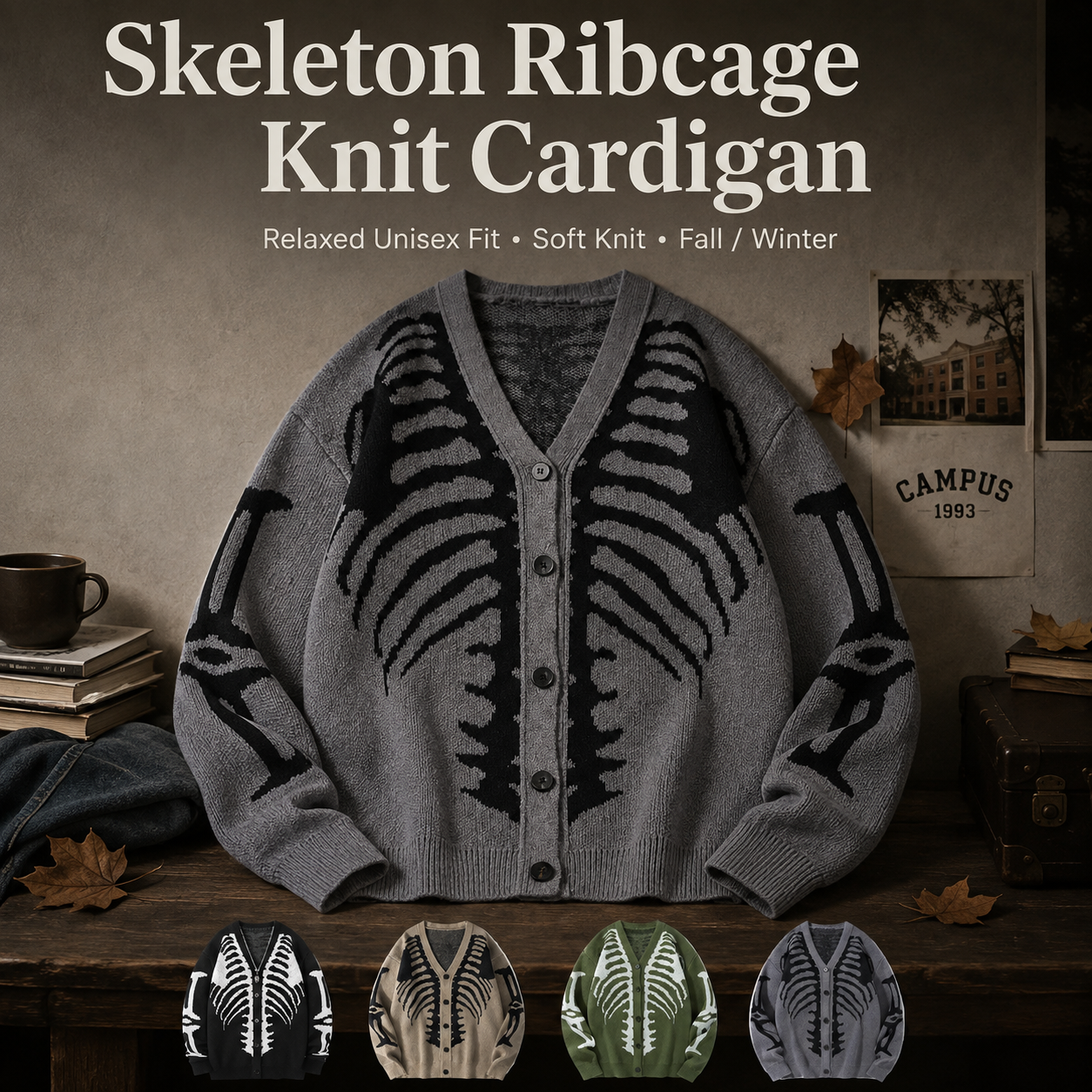 Skeleton Ribcage Oversized Knit Button Cardigan
