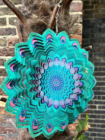 Peacock MANDALA Art Wind Spinner. Spinning Decoration. Metal Wind Spinner.