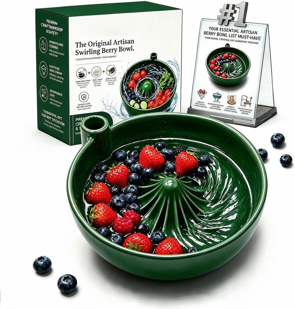 Rotating vegetable and fruit rinsing bowl with a central conical hole