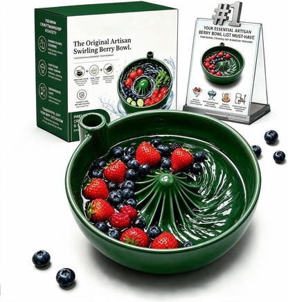 Rotating vegetable and fruit rinsing bowl with a central conical hole