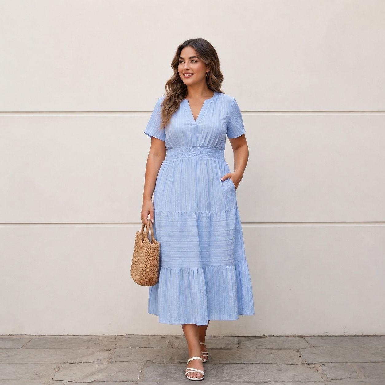 Women's Summer 2026 Casual Maxi Dress Lightweight Short Sleeve V Neck Boho Dress with Pockets