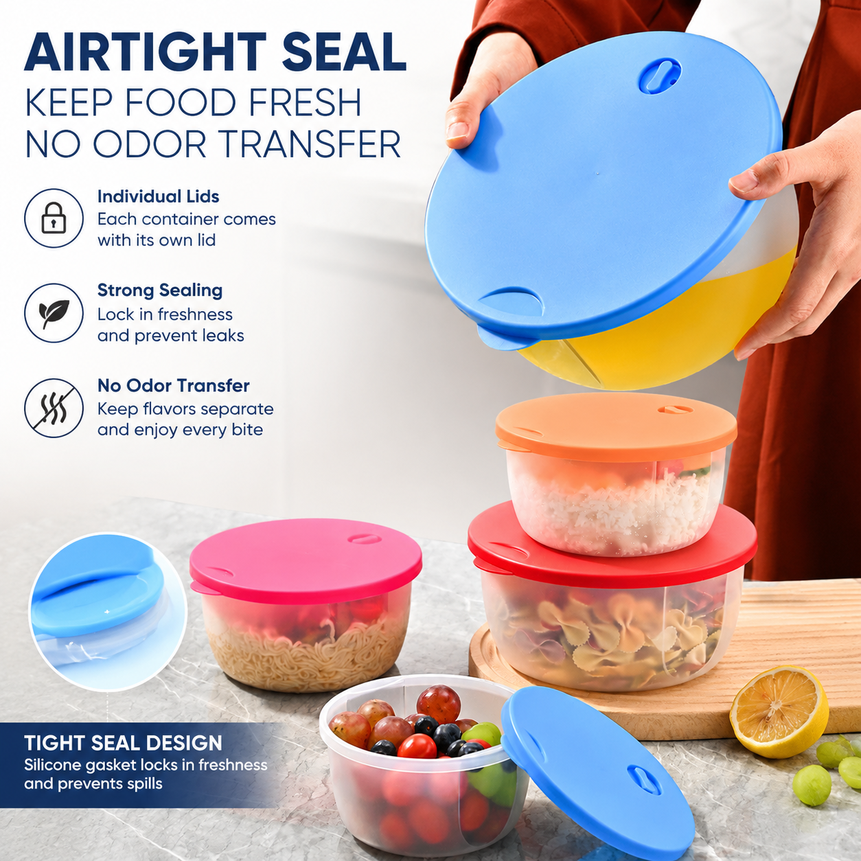 4-Piece Food Storage Containers with Lids – Multi-Size Stackable Kitchen Storage Bowls