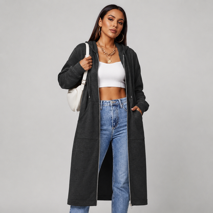Women's Mid-Length Hooded Cardigan – Casual Open-Front Coat