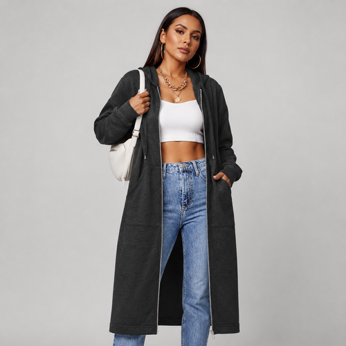 Women's Mid-Length Hooded Cardigan – Casual Open-Front Coat