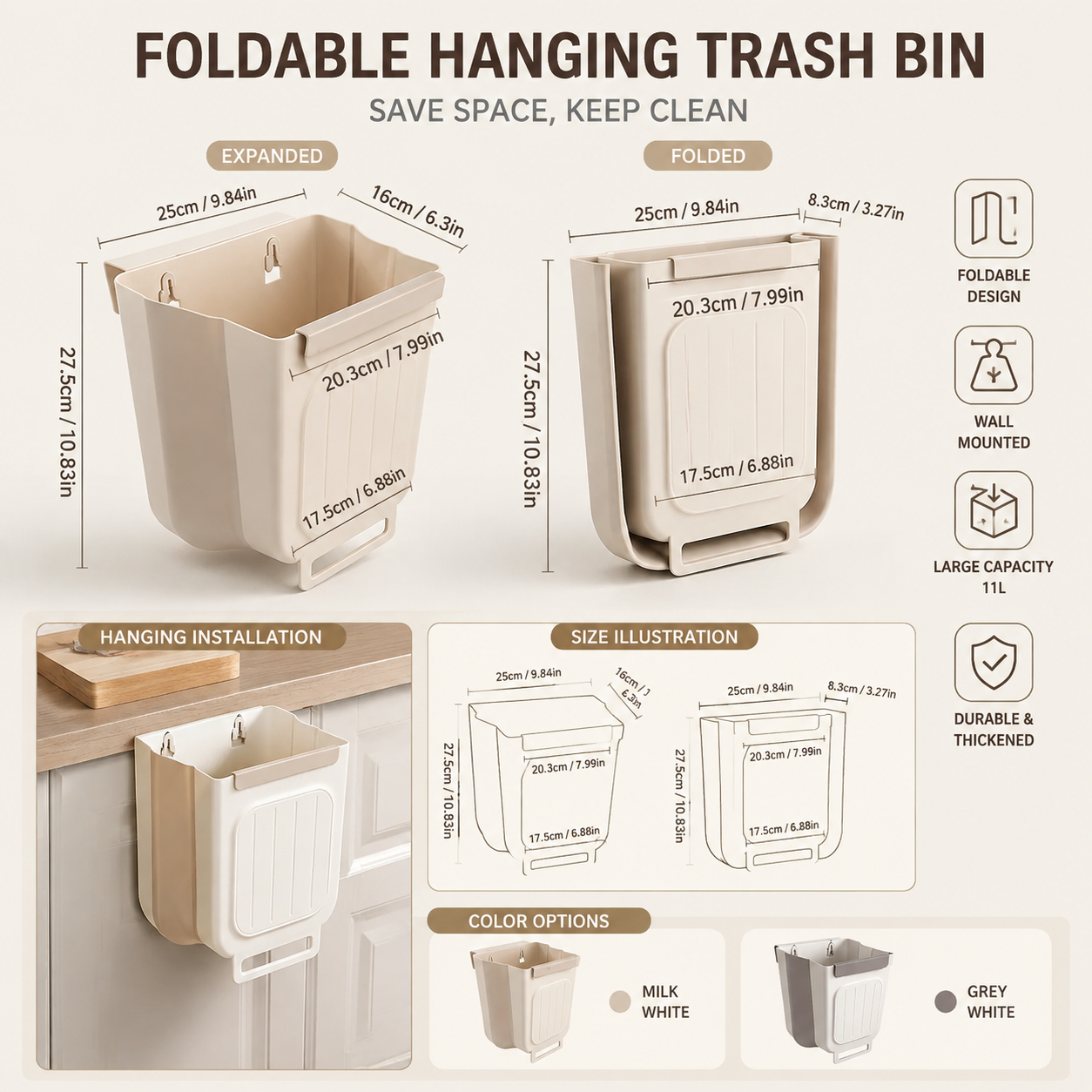 Foldable Hanging Trash Can 1.6 Gallon | Space-Saving Bin for Kitchen, RV, Car & Camping