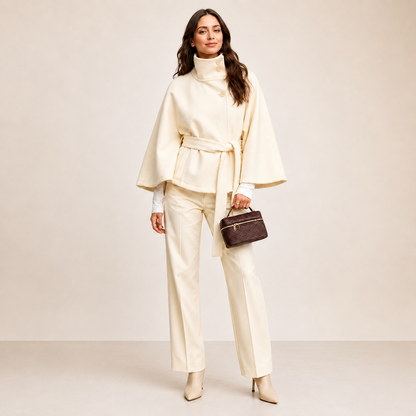 Women's Belted Cape Coat – Oversized Cropped Poncho Jacket