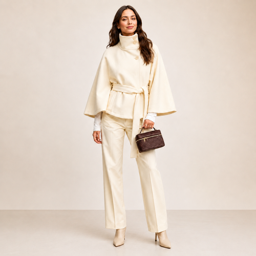 Women's Belted Cape Coat – Oversized Cropped Poncho Jacket