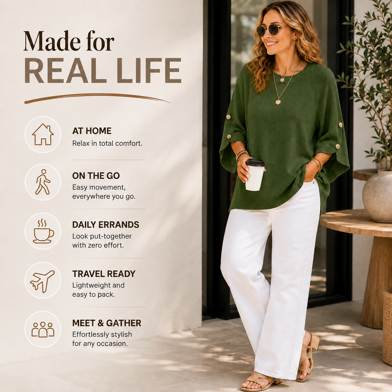 Women's loose-fitting crew neck sweater with three-quarter sleeves and buttoned cuffs