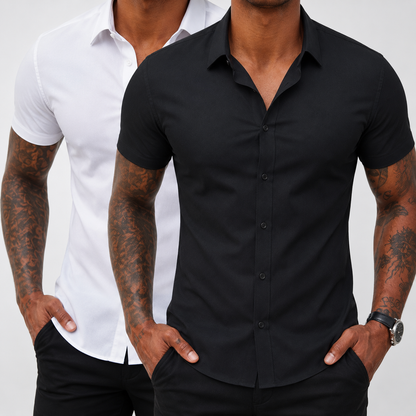 2-Pack Men's Stretch Slim Fit Short Sleeve Dress Shirt | Wrinkle-Free Button Down