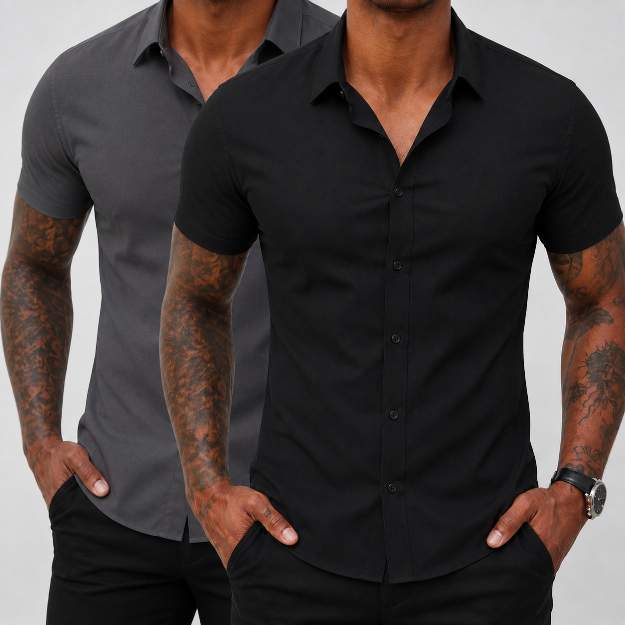 2-Pack Men's Stretch Slim Fit Short Sleeve Dress Shirt | Wrinkle-Free Button Down
