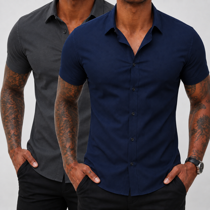 2-Pack Men's Stretch Slim Fit Short Sleeve Dress Shirt | Wrinkle-Free Button Down