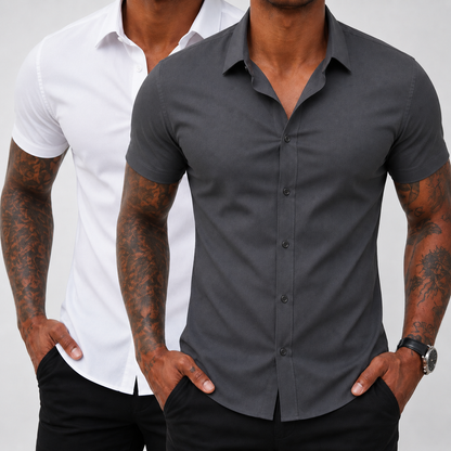 2-Pack Men's Stretch Slim Fit Short Sleeve Dress Shirt | Wrinkle-Free Button Down