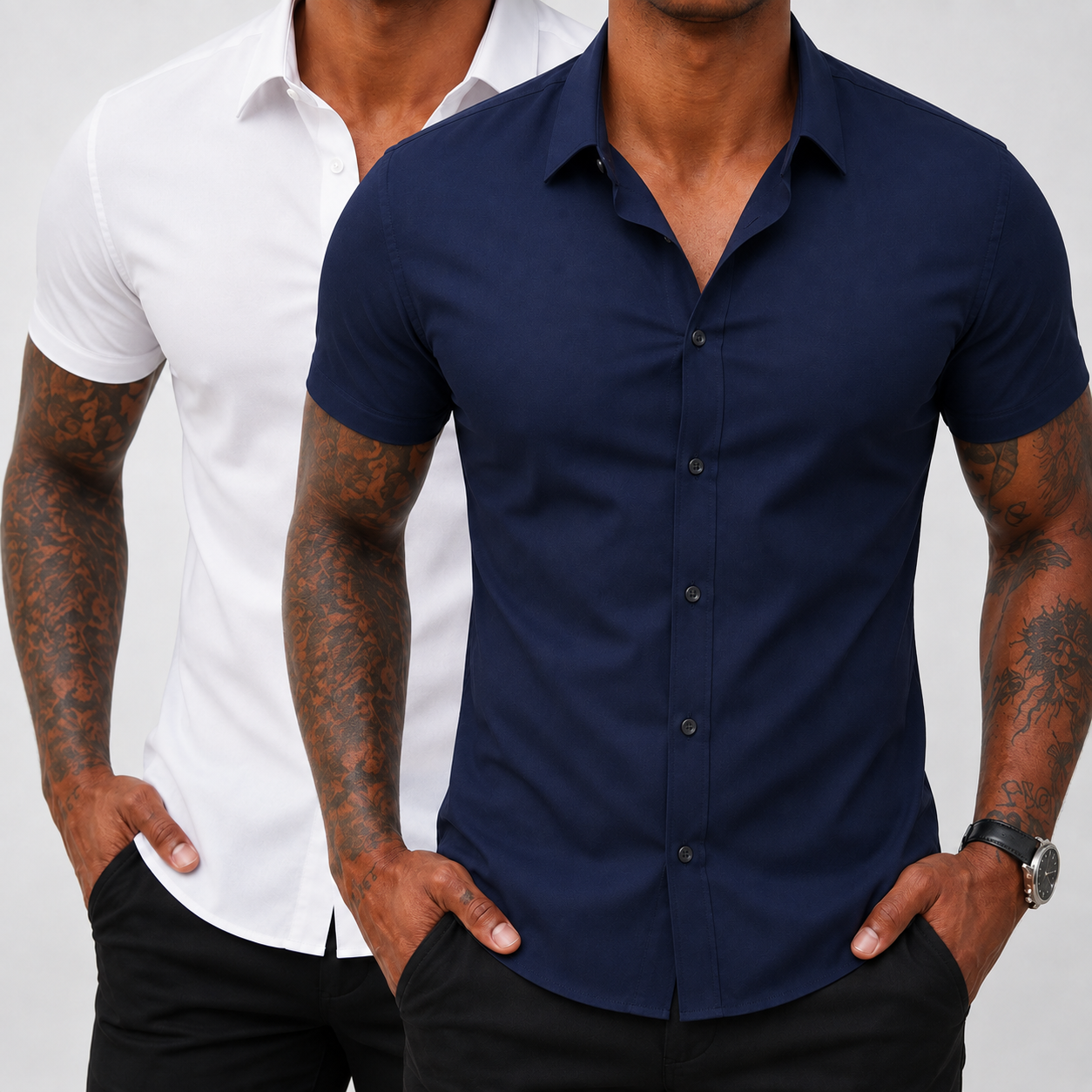 2-Pack Men's Stretch Slim Fit Short Sleeve Dress Shirt | Wrinkle-Free Button Down