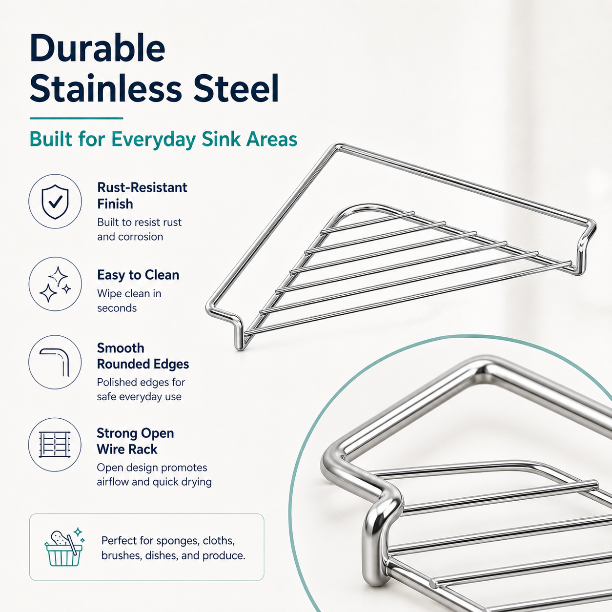 2PCS Stainless Steel Corner Sink Shelf with Triangular Open Wire Rack Design, Drainage and Raised Side✨