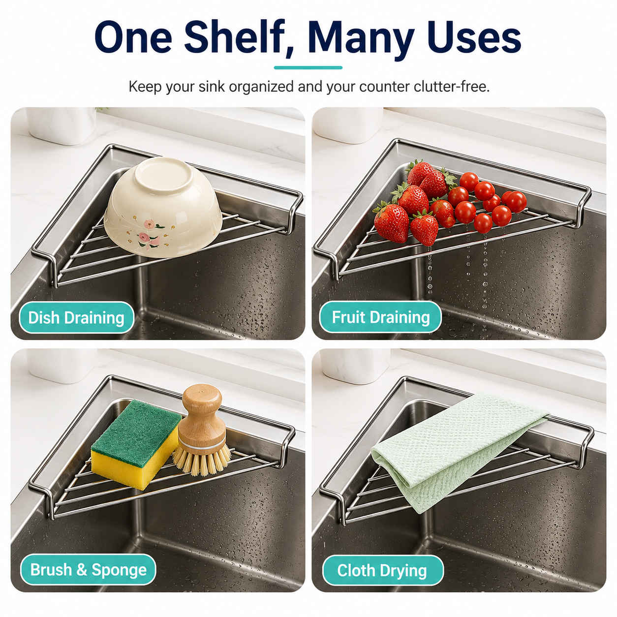 2PCS Stainless Steel Corner Sink Shelf with Triangular Open Wire Rack Design, Drainage and Raised Side✨