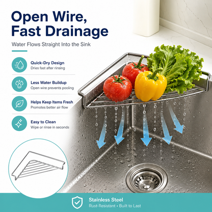 2PCS Stainless Steel Corner Sink Shelf with Triangular Open Wire Rack Design, Drainage and Raised Side✨