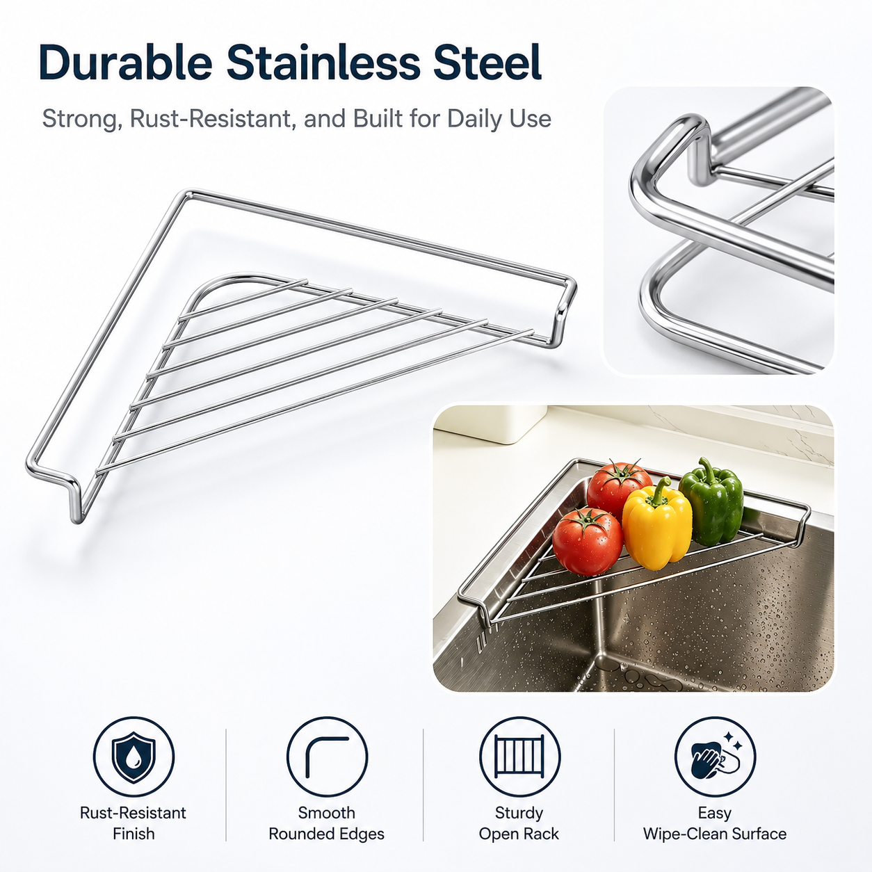 2PCS Stainless Steel Corner Sink Shelf with Triangular Open Wire Rack Design, Drainage and Raised Side✨