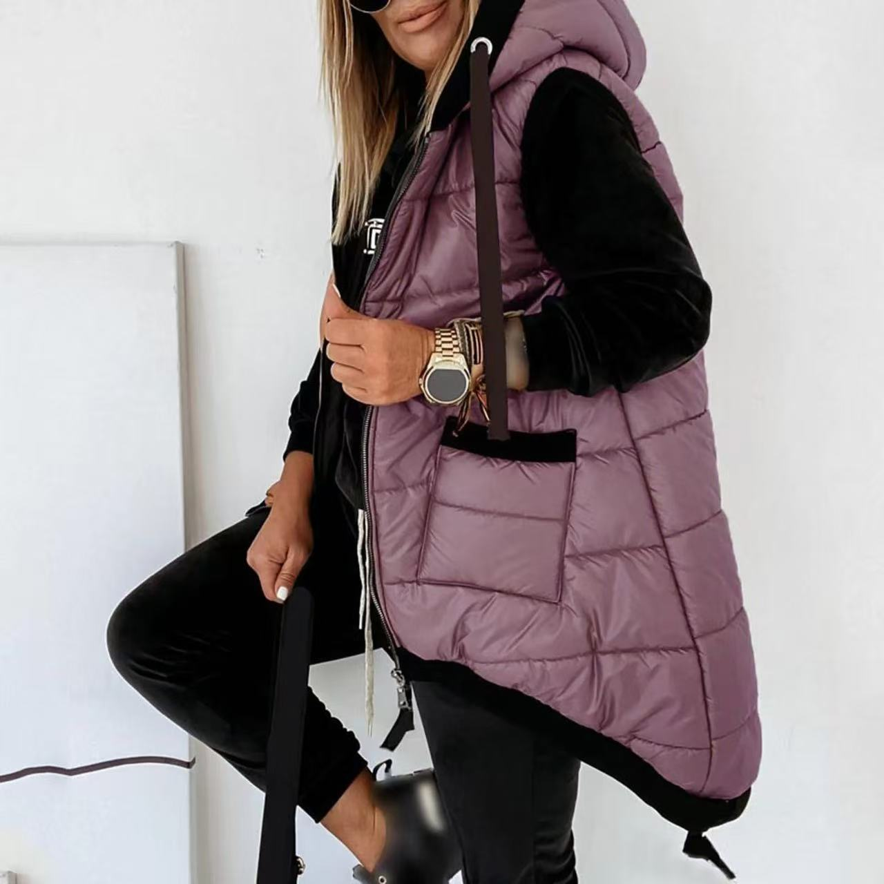 Women's Hooded Outwear Vest Lightweight Zipper Up Padded Gilet With Pockets Basic Fitted