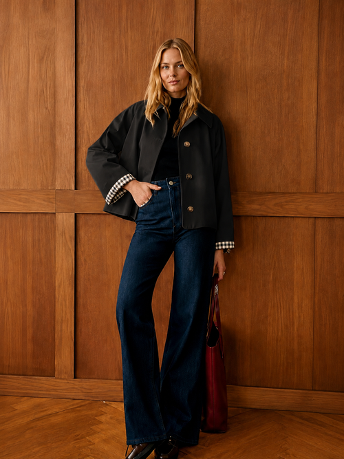 Women’s Cropped Trench Coat – Classic Collar, Oversized Fit, Checkered Lining & Functional Pockets