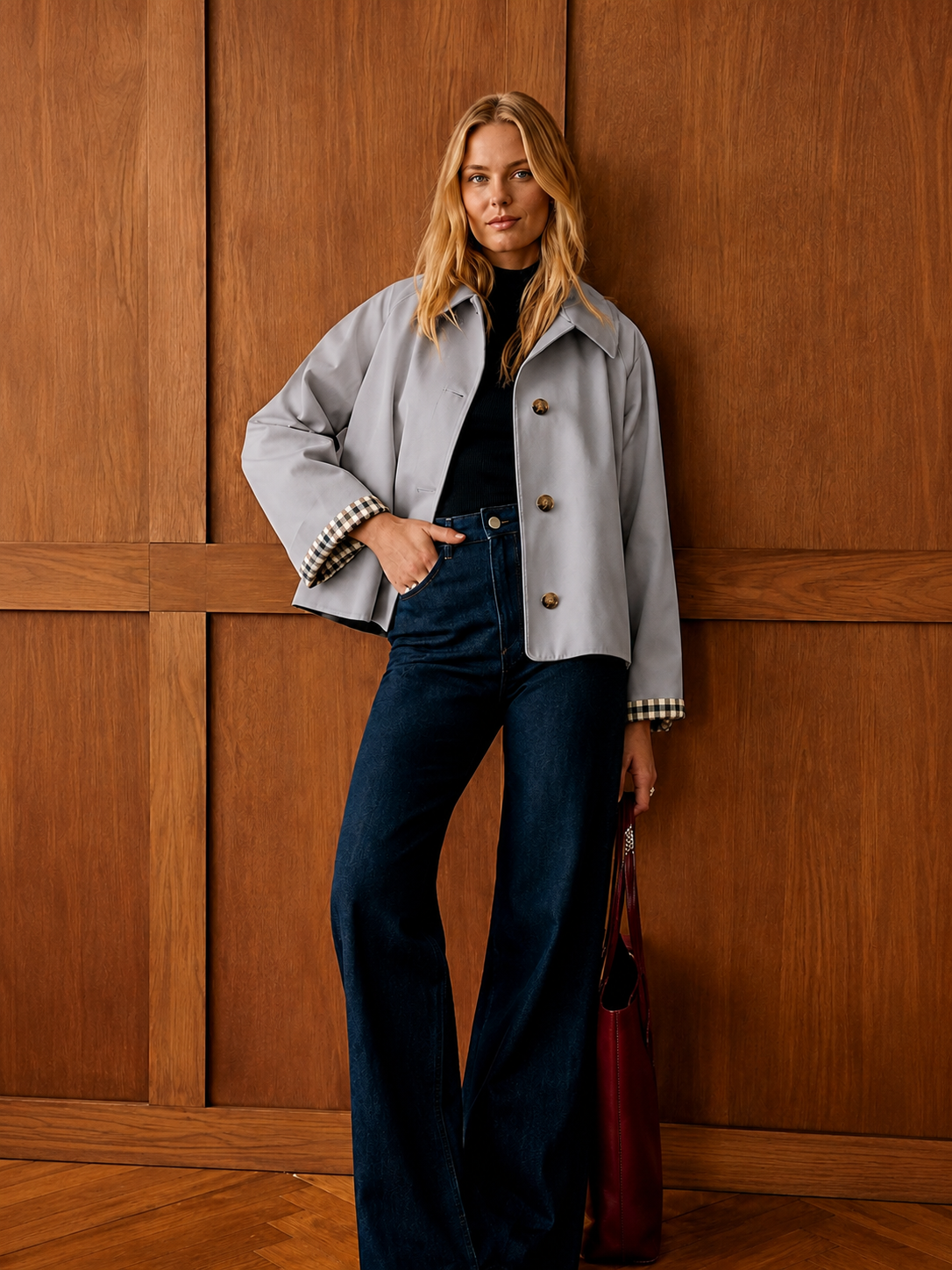 Women’s Cropped Trench Coat – Classic Collar, Oversized Fit, Checkered Lining & Functional Pockets