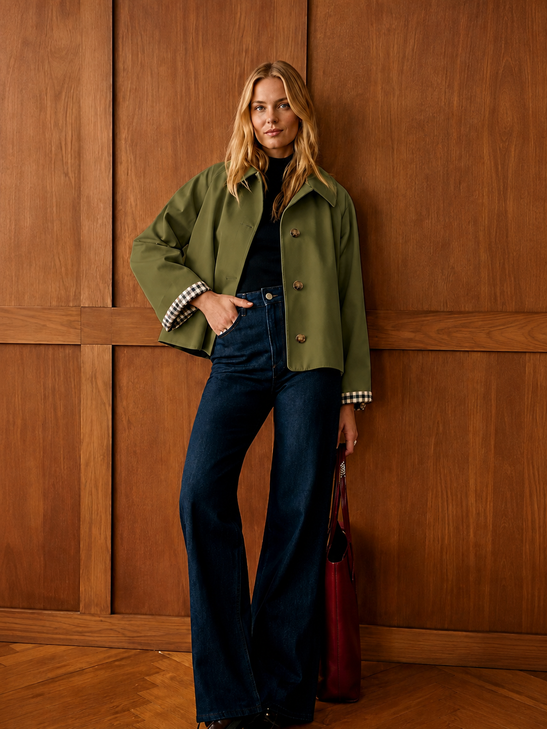 Women’s Cropped Trench Coat – Classic Collar, Oversized Fit, Checkered Lining & Functional Pockets