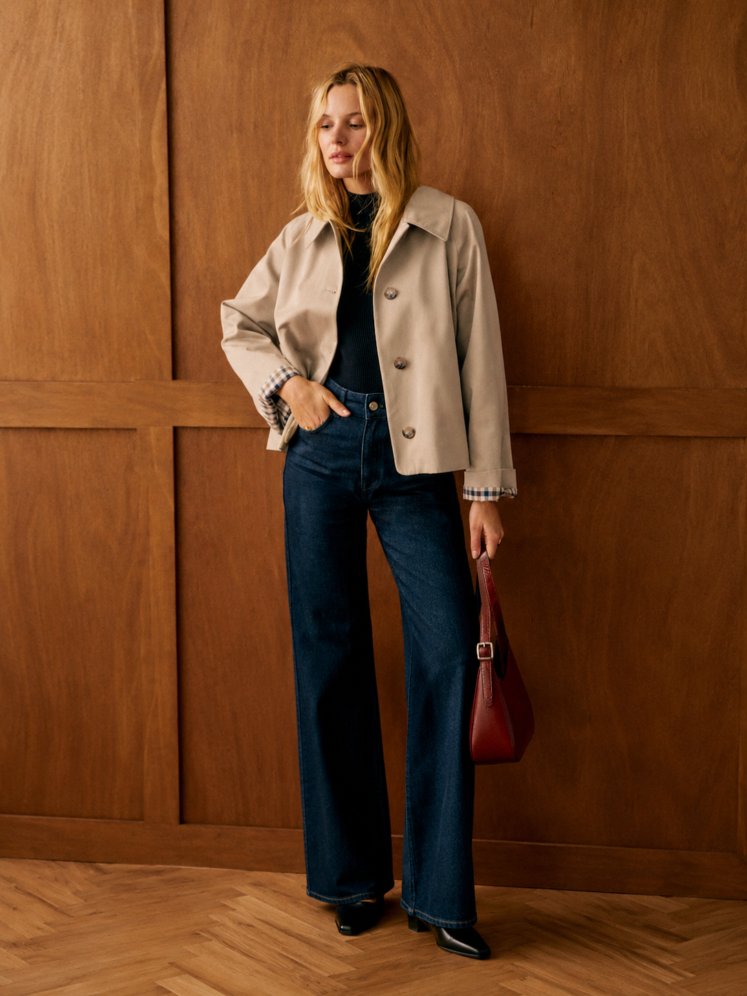 Women’s Cropped Trench Coat – Classic Collar, Oversized Fit, Checkered Lining & Functional Pockets