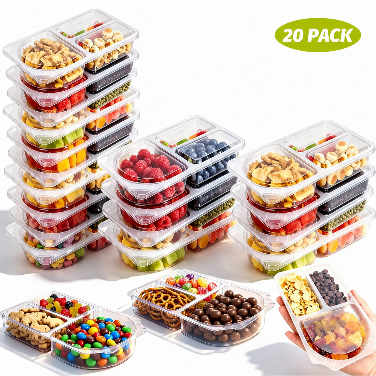 2-Compartment Reusable Snack Containers with Lids – Stackable Meal Prep Set
