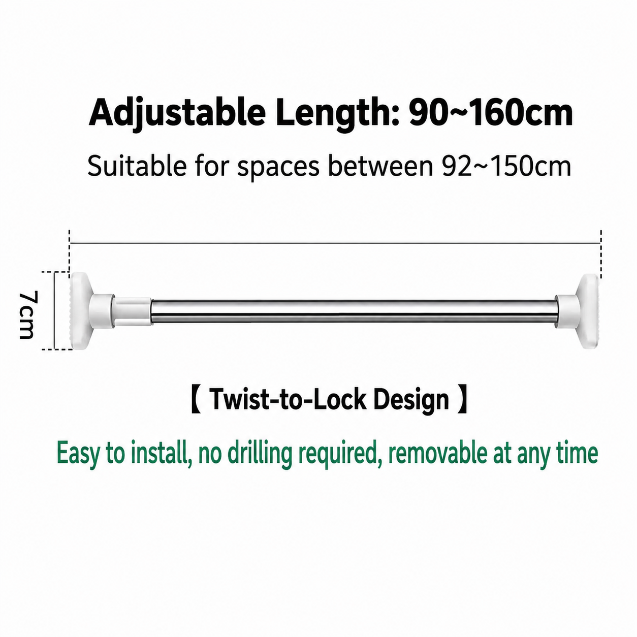 Drill-Free Adjustable Tension Rod | Multi-Size Clothes Drying & Closet Bar