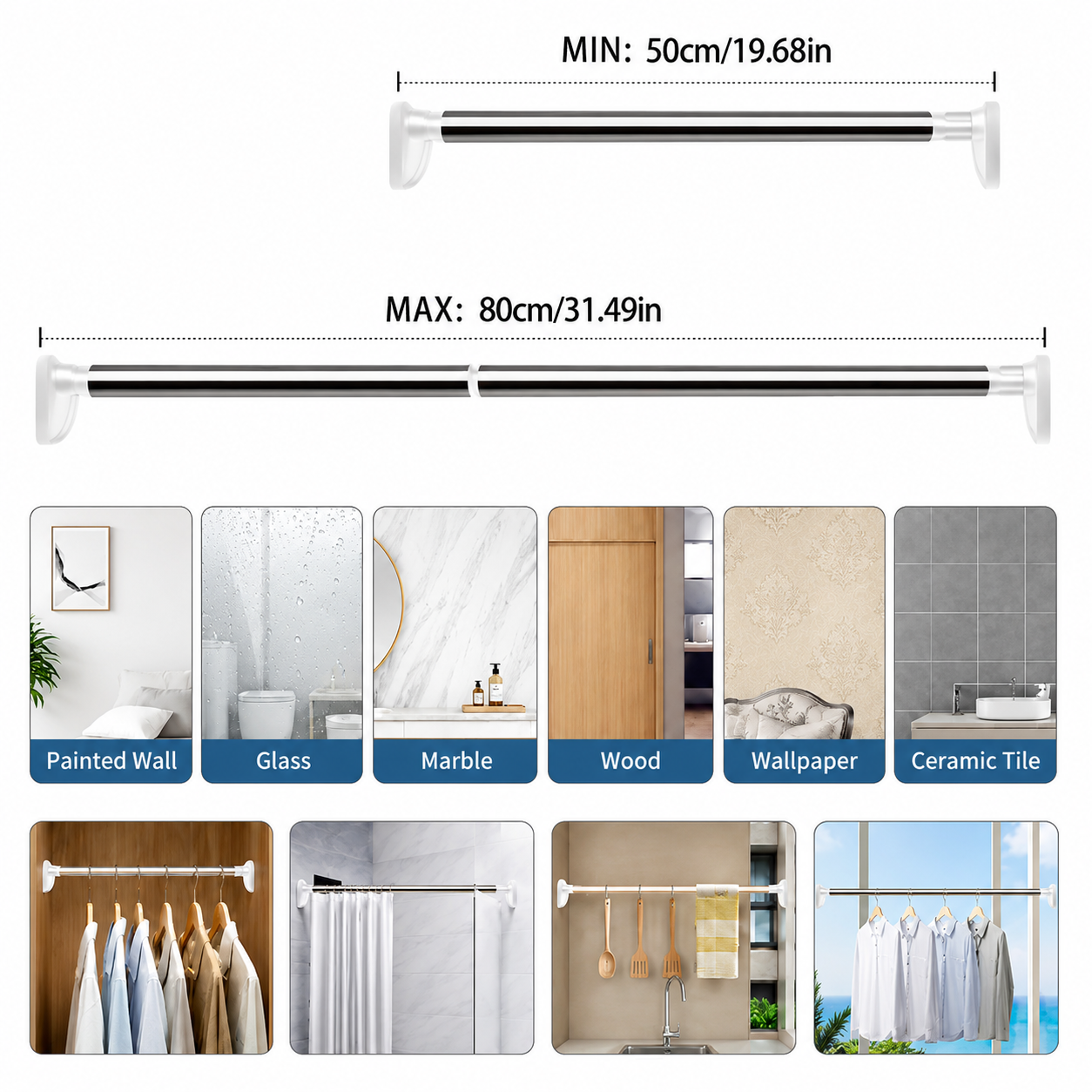 Drill-Free Adjustable Tension Rod | Multi-Size Clothes Drying & Closet Bar