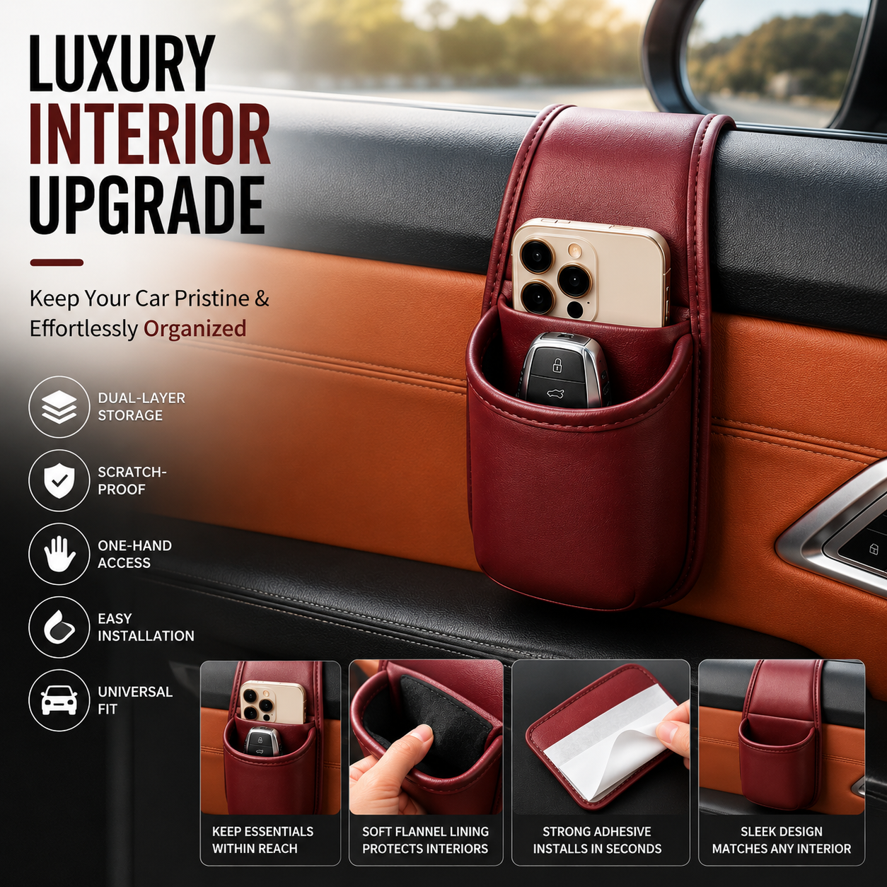 ✨ Premium Leather Car Door Storage Pocket — Dual-Layer Scratch-Proof Organizer for Phones & Keys 🚗💨