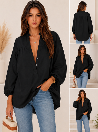 Womens V-Neck Button-Down 3/4 Sleeve Casual Blouse & High-Low Hem Tunic Top