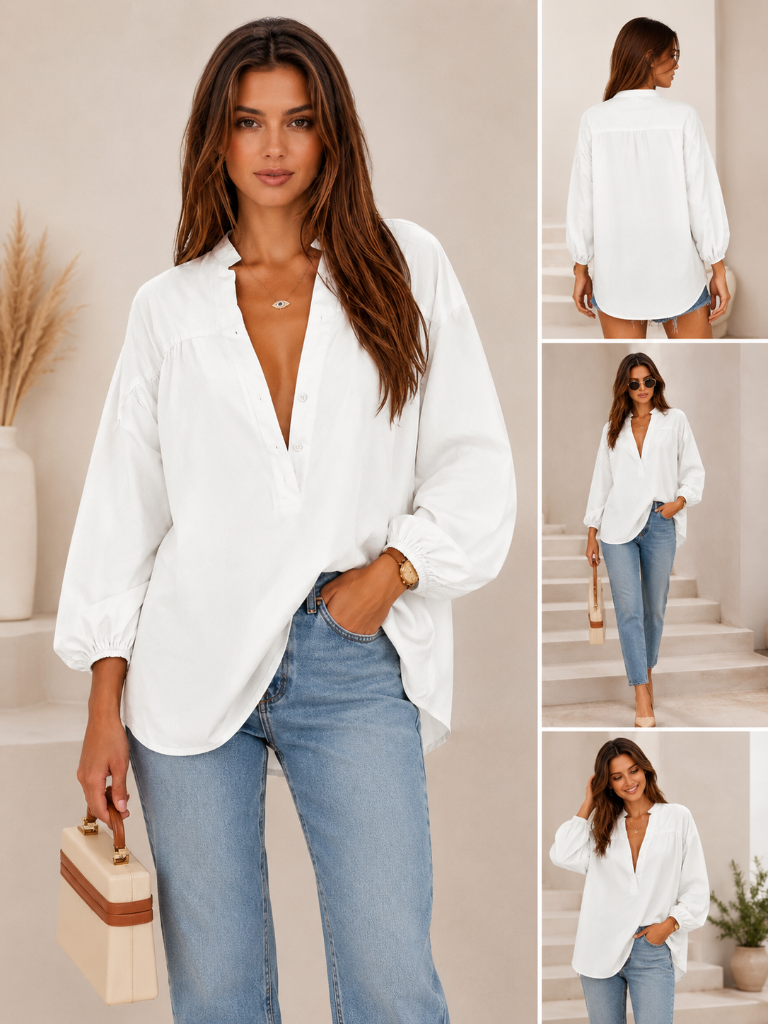 Womens V-Neck Button-Down 3/4 Sleeve Casual Blouse & High-Low Hem Tunic Top