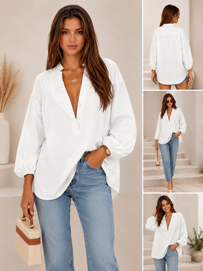 Womens V-Neck Button-Down 3/4 Sleeve Casual Blouse & High-Low Hem Tunic Top