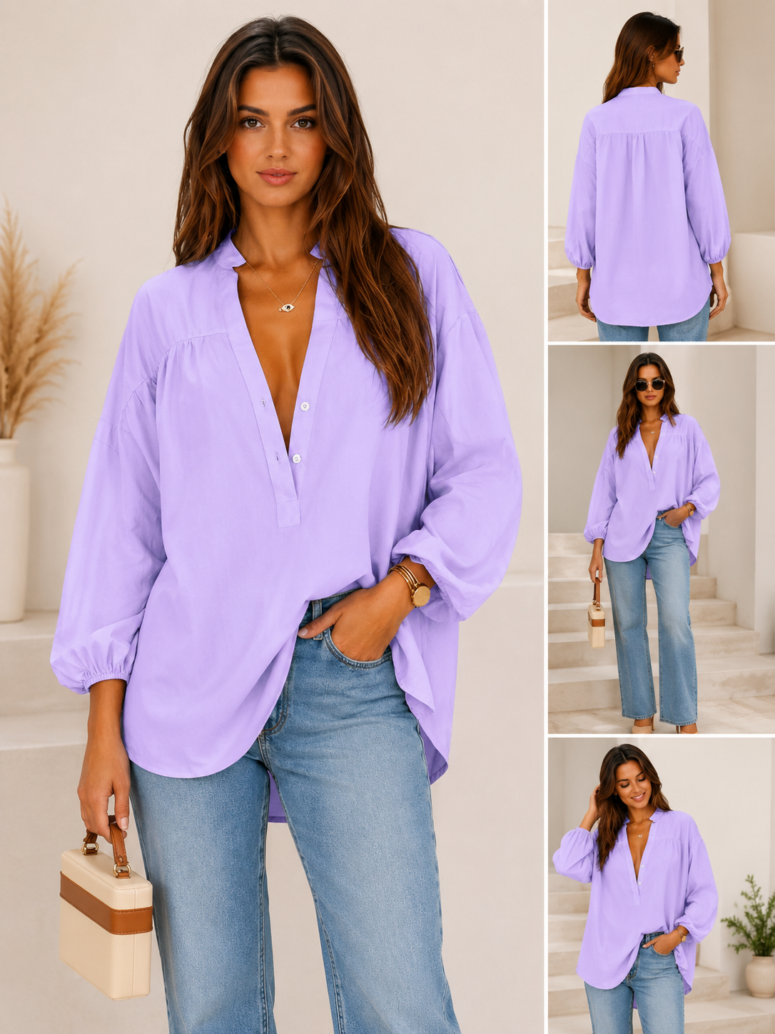 Womens V-Neck Button-Down 3/4 Sleeve Casual Blouse & High-Low Hem Tunic Top