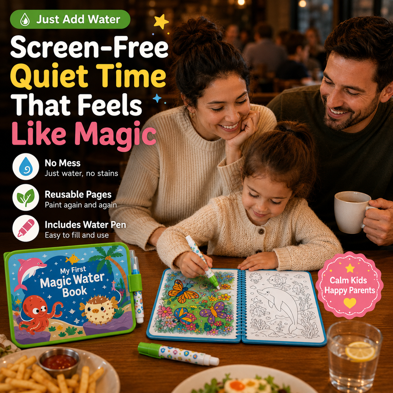 ✨ Reusable Water Coloring Book for Kids — Mess-Free & Reusable Water Painting Book with Free Refillable Pen 🎨💧