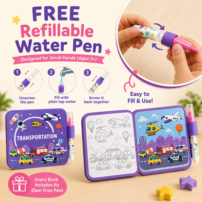 ✨ Reusable Water Coloring Book for Kids — Mess-Free & Reusable Water Painting Book with Free Refillable Pen 🎨💧