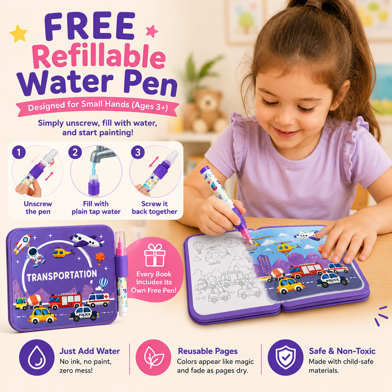 ✨ Reusable Water Coloring Book for Kids — Mess-Free & Reusable Water Painting Book with Free Refillable Pen 🎨💧
