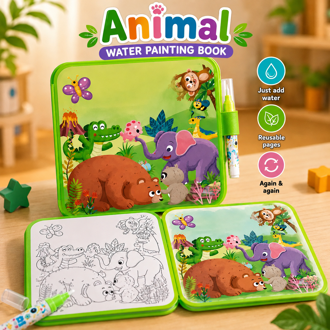 ✨ Reusable Water Coloring Book for Kids — Mess-Free & Reusable Water Painting Book with Free Refillable Pen 🎨💧