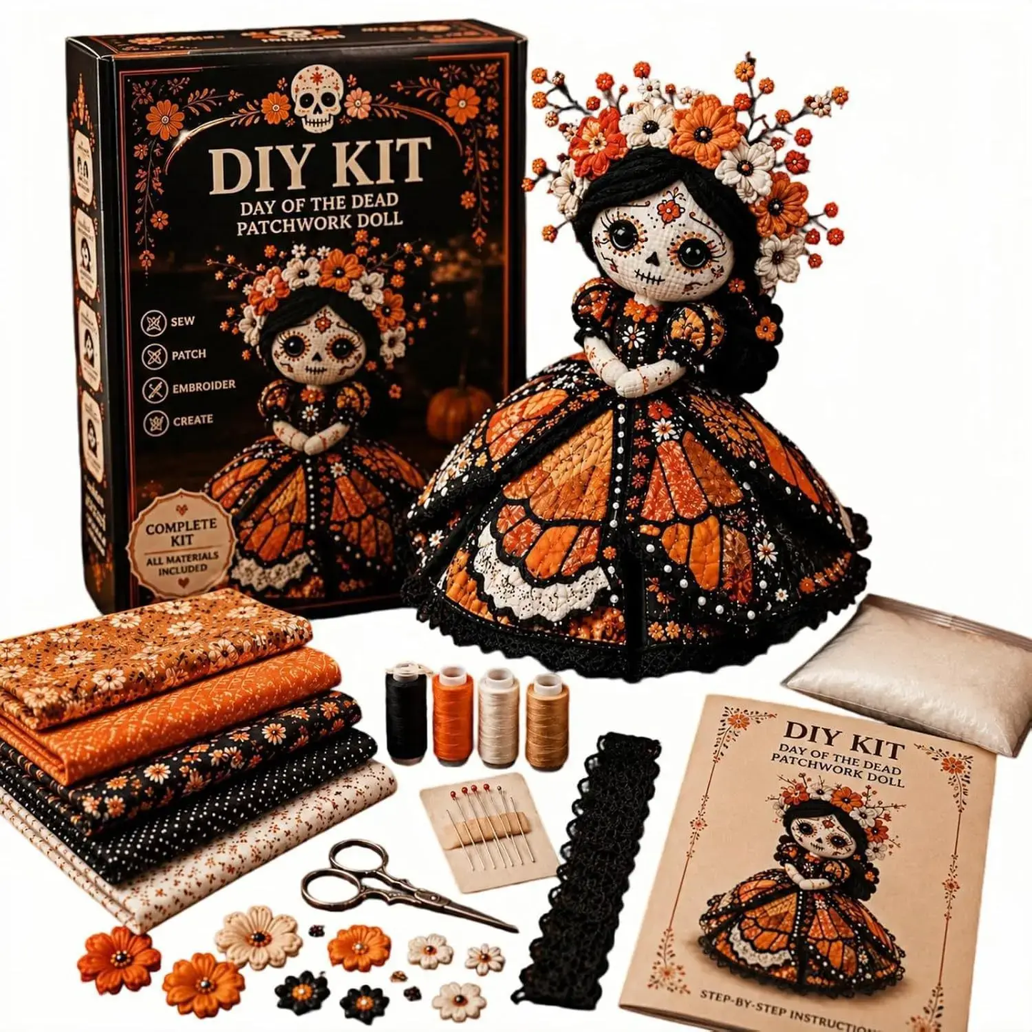 DIY Day of the Dead Butterfly Skull Doll Sewing Kit – Complete Craft Set