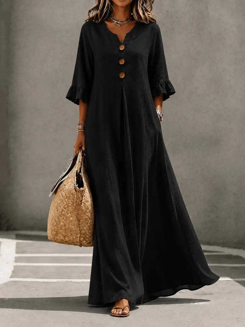 Women's Boho V-Neck Dress with Wooden Buttons, Ruffle Sleeves & Loose A-Line Fit