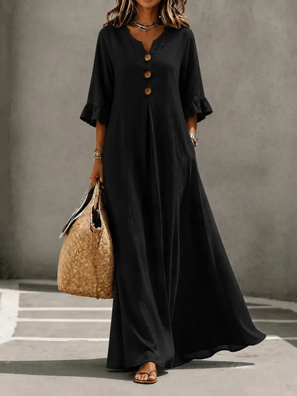 Women's Boho V-Neck Dress with Wooden Buttons, Ruffle Sleeves & Loose A-Line Fit