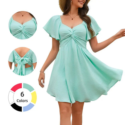 Women's Summer Sweetheart NecklineKnot Front Flowy Mini Chiffon Dresses