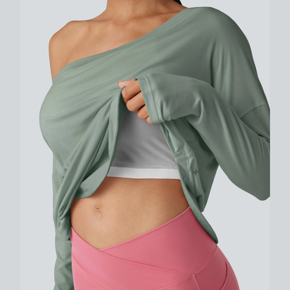 One-shoulder long-sleeved yoga top with integrated bra